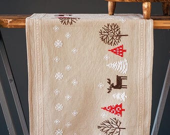 DIY Printed Table Runner kit "Modern Christmas designs", Printed Cross Stitch Kit, Embroidery table decor kit