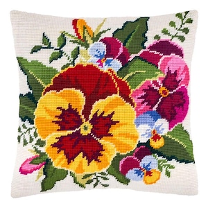 May include: A square scatter cushion featuring a needlepoint design of a vibrant floral bouquet. The central focus is a large yellow and deep red pansy, surrounded by smaller purple, pink, and light blue pansies with green leaves on a cream background.