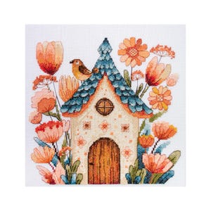 May include: A cross-stitch pattern of a birdhouse surrounded by colorful flowers. The birdhouse is white with a blue roof and a brown door. The flowers are in shades of orange, pink, and yellow.