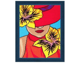 DIY Printed Tapestry kit "Woman with a Hat" 14.2x18.5 in / 36x47 cm, Needlepoint Kit, Embroidery kit, Printed Canvas