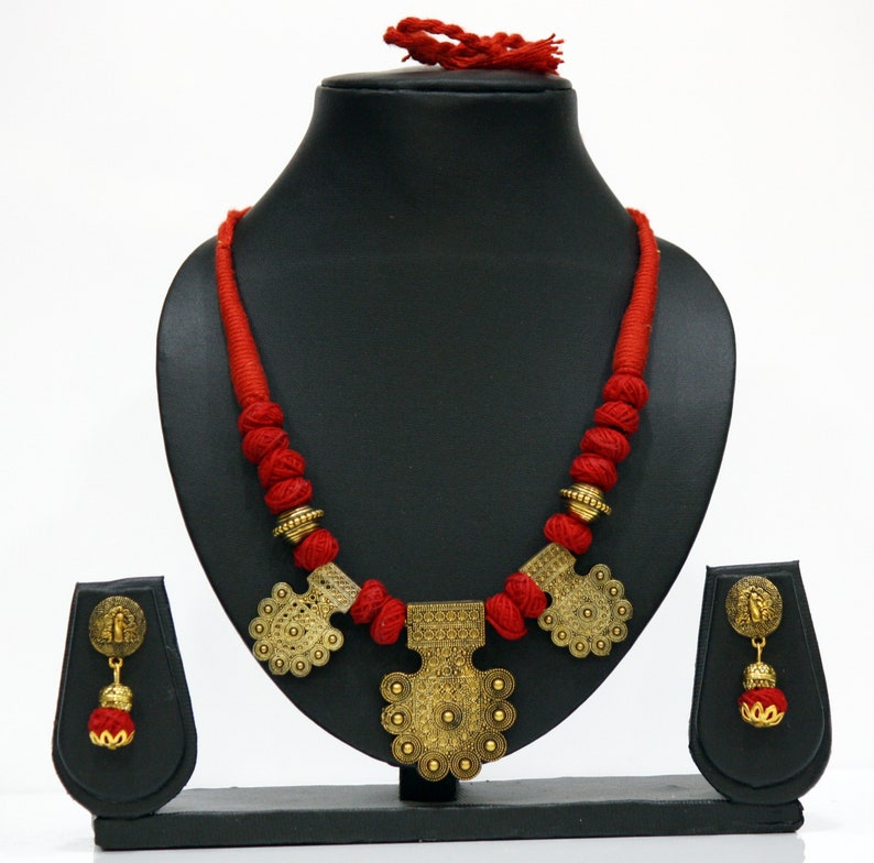 Haram Traditional Boho Trendy Handcrafted Oxidized Motif Necklace With Handmade Cotton Thread Bead Tribal Jewelry Ethnic India Jewelry