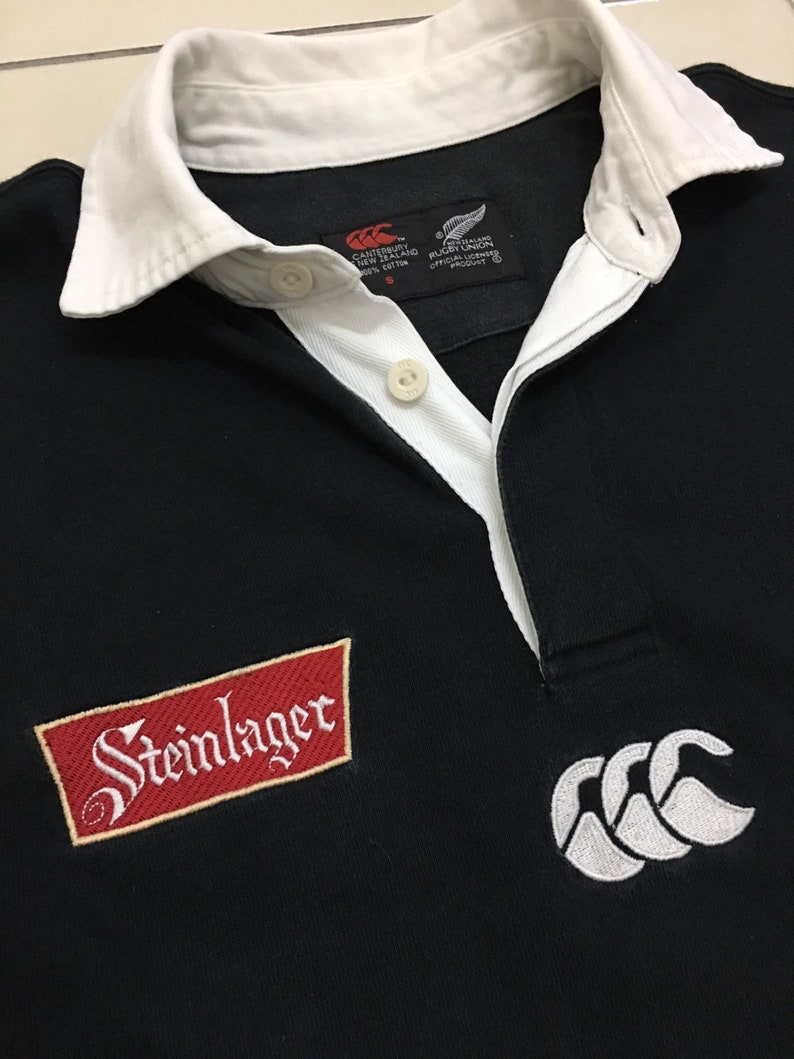 Vintage CANTERBURY New Zealand STEINLAGER All Black Rugby Jersey Polo Shirt Size Small