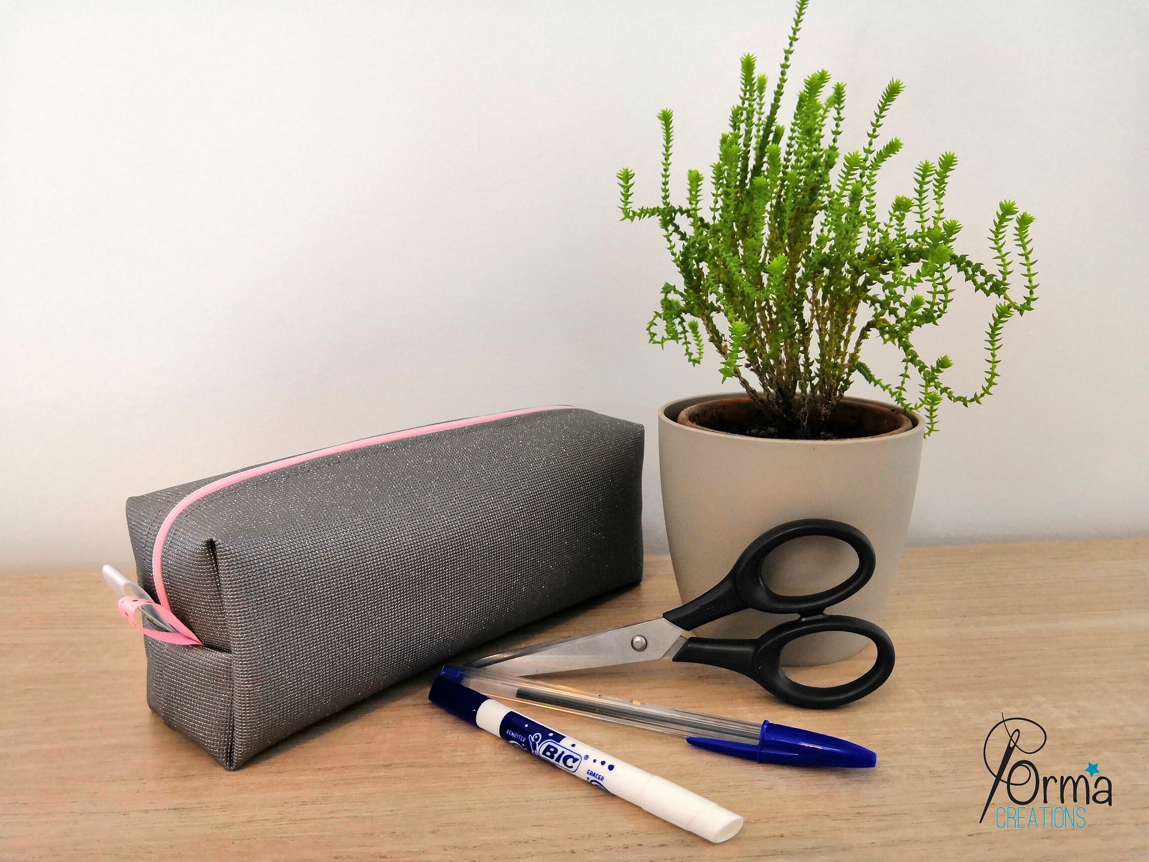 Trousse Scolaire en Simili Cuir Gris et Coton Enduit Doré, Gris Paillette