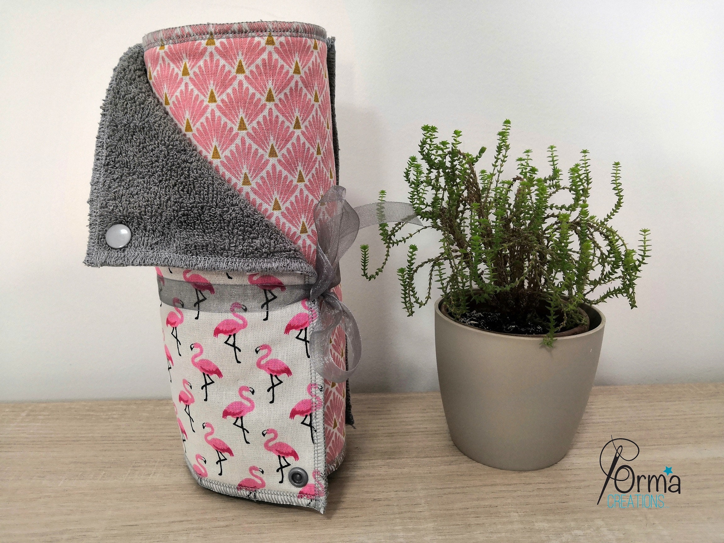 Rouleau de Feuilles d'essuie-Tout Lavables, Tissus Flamants Roses 100 % Oeko-Tex, Éponge Grise