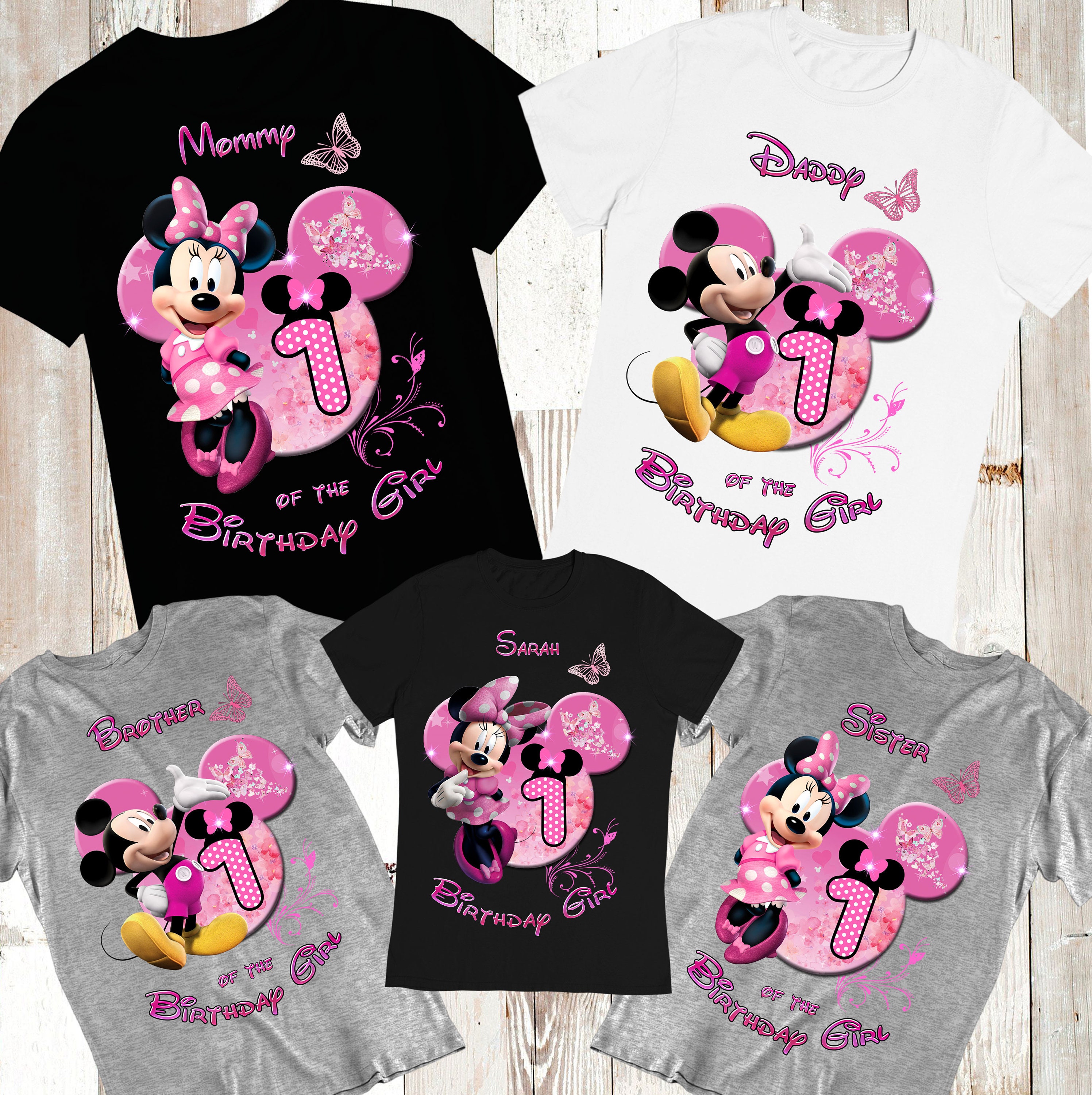 *** Kleding Unisex kinderkleding Tops & T-shirts T-shirts T-shirts met print Disney Minnie Mouse roze 1e verjaardag ontwerp familie bundel # 1 DIGITAAL ZIP-bestand png * 1 GRATIS titelwijziging inbegrepen!! 