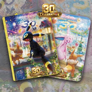 May include: Two rectangular cards featuring Pokémon characters. The left card shows Umbreon and Eevee under fireworks with the text 30th CELEBRATION. The right card displays Espeon and Eevee in a bright landscape with the text 30th CELEBRATION.