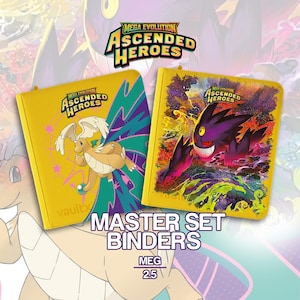 May include: Two yellow Master Set binders with the text "MEGA EVOLUTION ASCENDED HEROES". One binder features a tan dragon-like creature, the other a purple ghost-like character. The text "MASTER SET BINDERS" is also visible.