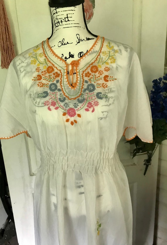 Vintage 70s Embroidered Maxi Dress White Sheer Smo