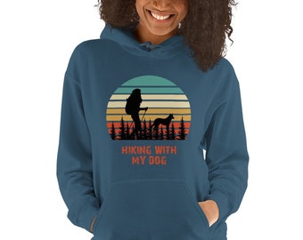 Unisex Hooded Sweatshirt | hiking with dog Hoodie | hiking hoodie | outdoor hoodie| Mountain hoodie | dog lover gift| gift for Him & Her |