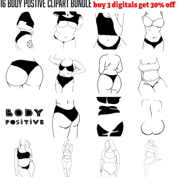 16 Body Positive Line Art Vector, Plus Size Female Silhouette, Big girl art, Sexy Women In Bikini Outline, Instant Download