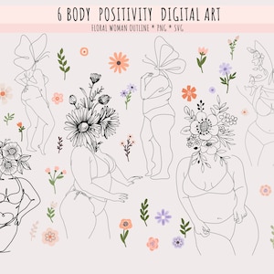 6 Body Positive Floral Line Art Vector, Plus Size Female Silhouette, Big girl art, Floral Women In Bikini Outline, Instant Download