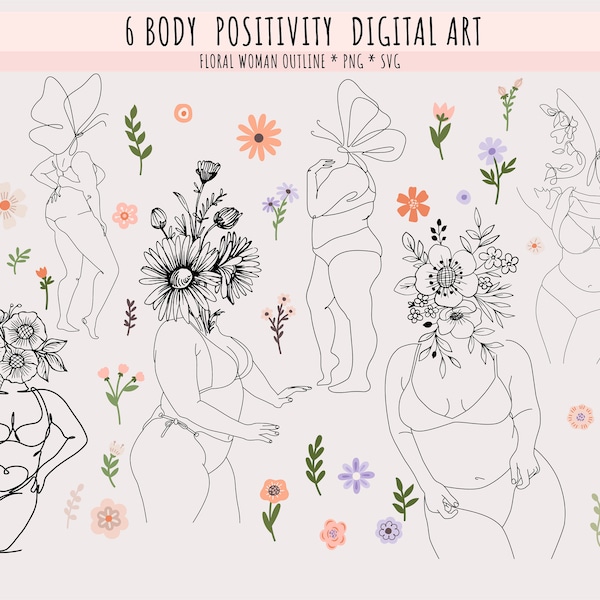 6 Body Positive Floral Line Art Vektor, Plus Size weibliche Silhouette, Big Girl Art, Floral Women In Bikini Outline, Instant Download