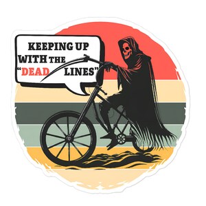 Adesivo ciclismo Grim Reaper 'Deadline': decalcomania in vinile di umorismo oscuro per computer portatili, bottiglie d'acqua e attrezzatura da bicicletta