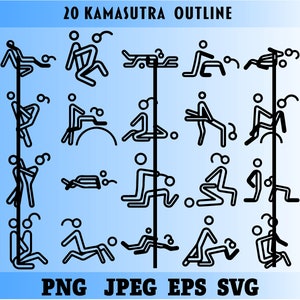 Könnte beinhalten: Eine Schwarzweiß-Outline-Illustration von 20 verschiedenen Positionen aus dem Kama Sutra. Das Bild ist mit "20 Kama Sutra Outline" betitelt.
