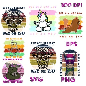以下が含まれることがあります： サングラスとバンダナを身に着けた、気まぐれな動物のイラストのコレクション。レトロなストライプの背景が特徴です。各デザインには「Eff You See Kay」と「Why Oh You」のフレーズが含まれています。SVGとPNGの形式です。