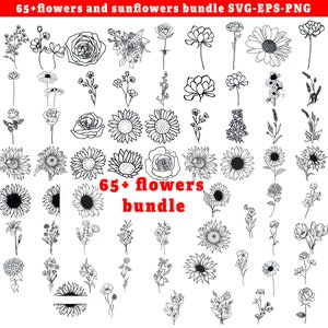 Mais de 65 flores e girassóis SVG, floral, pacote, cricut, silhueta, vetor de contorno de flor