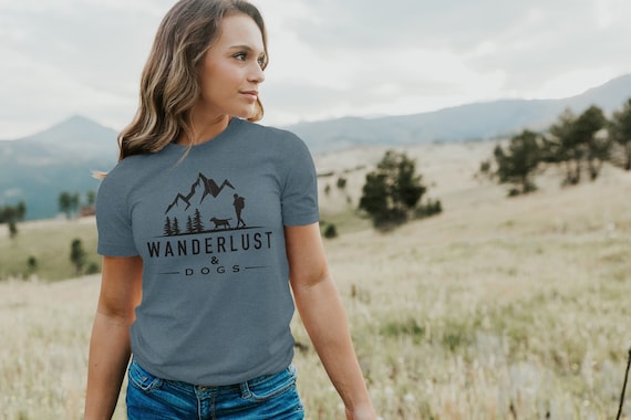 Wanderlust And Dogs Short-Sleeve Unisex T-Shirt, Hiking With My Dog Tee, Dog Mom Shirt, Dog Mom Hiking Shirt