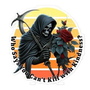 Voeg een uniek vleugje humor en charme toe aan je bezittingen met onze unieke Magere Hein en Roos-sticker!