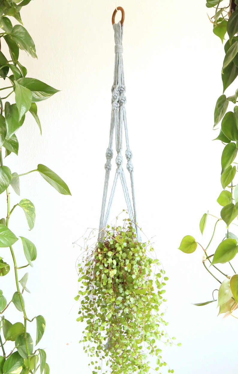 Long Grey Spiral 100 Recycled Denim Indoor Macrame Plant Hanger Pot Holder Hanging Planter Suitable For High Ceilings
