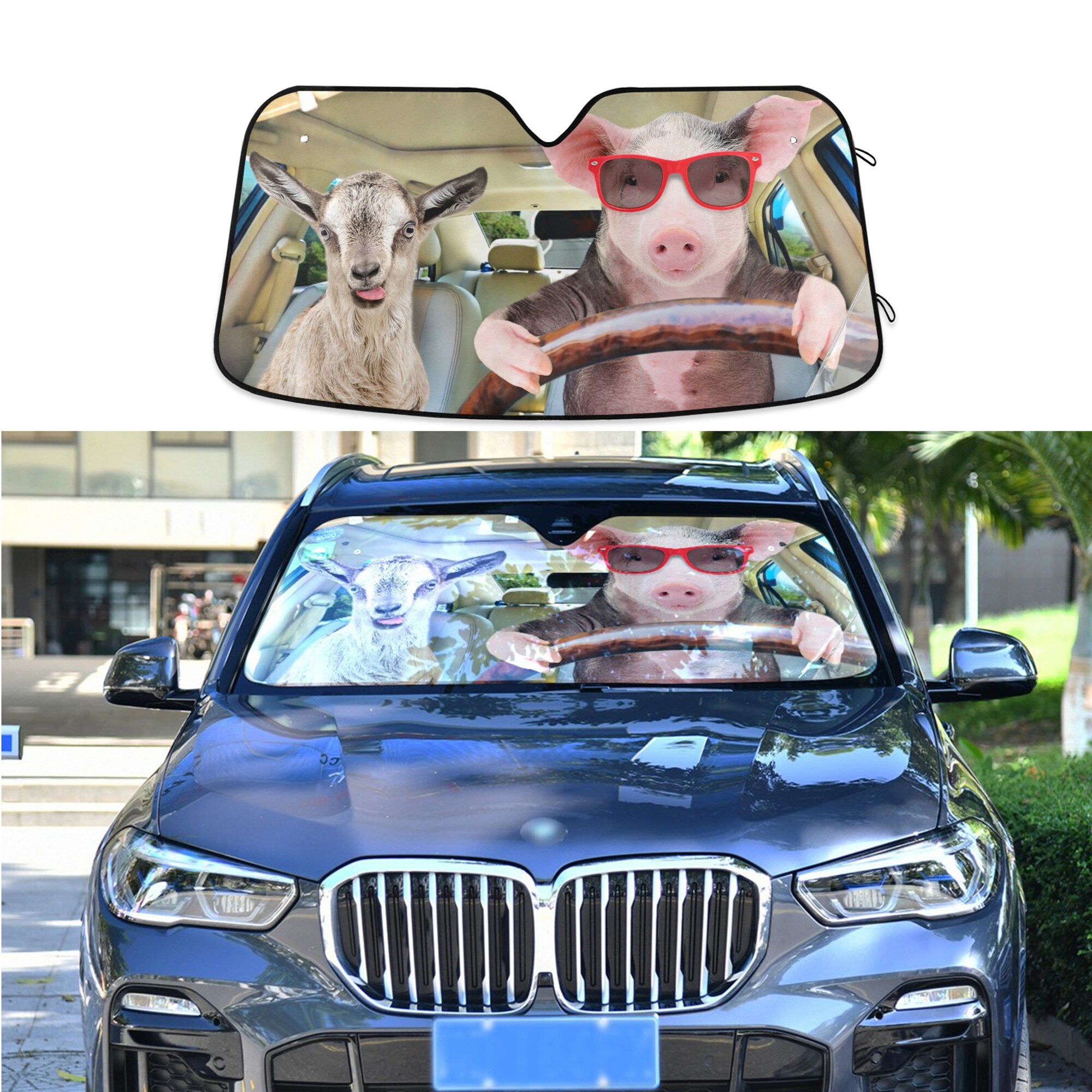 Discover Pig in Sunglasses Carries in a Car a Goat, Car Auto Sun Shade