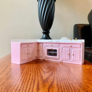 4pc Kitchen Set Dollhouse 1:12 Pink Miniature Cupboard Corner Stove Sink Cabinet