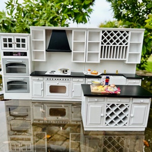 4 Pcs Luxury Kitchen Set with Island, Oven Cabinet, Sink, Cooker, 1:12 Dollhouse Miniature Kitchen Furniture Set