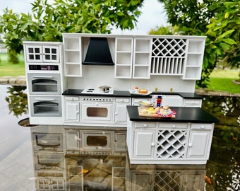 4 Pcs Luxury Kitchen Set with Island, Oven Cabinet, Sink, Cooker, 1:12 Dollhouse Miniature Kitchen Furniture Set