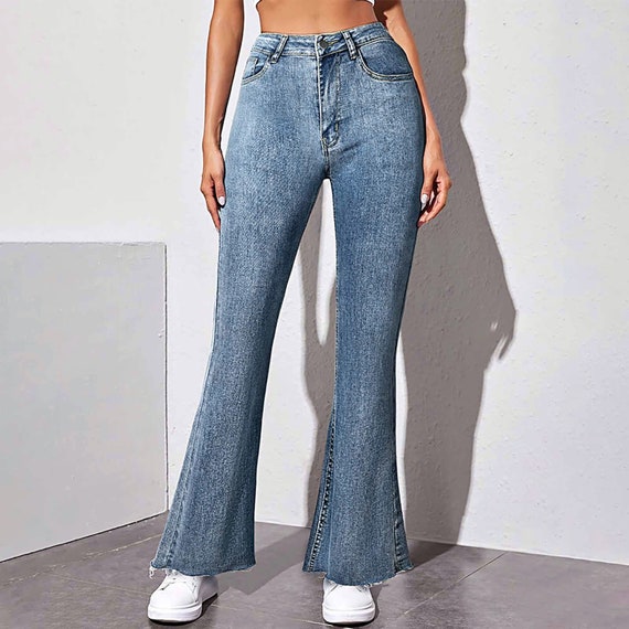 Emmiol Envío gratis 2024 Jeans acampanados con abertura de cintura alta  Azul L de Vaqueros Flare en la tienda en línea.