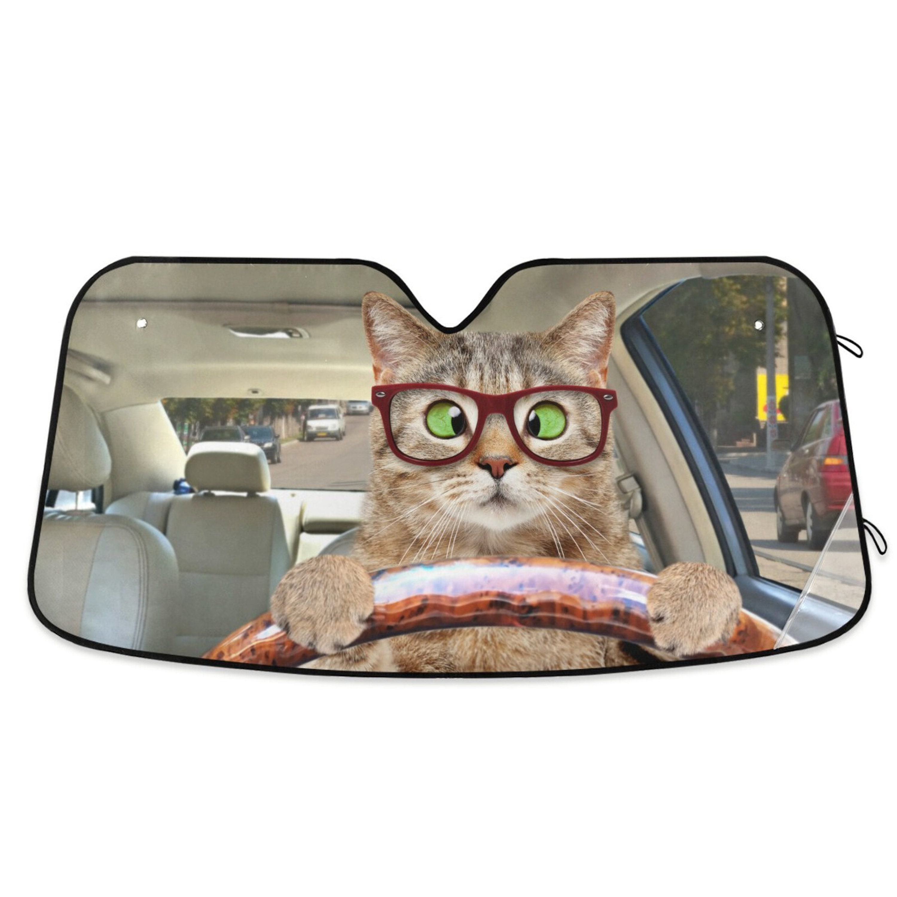 Cross-eyed Cat with Glasses Driving a Car, Car Auto Sun Shade, Windshield Car Accessories