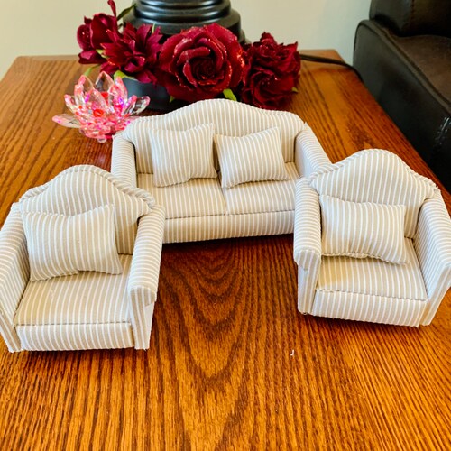 Dollhouse Miniature Furniture Fabric Sofa and Chair Set Blue Etsy