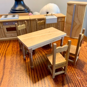 1:12 Dollhouse Miniature Kitchen Furniture Set, 1 Kitchen Sink Cabinet,1 Stove Cabinet,1 Table Chairs Set,1 Refrigerator image 6