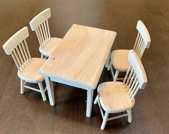 Dollhouse Miniature Dining Table Chair Wooden Furniture Set (Natural Wood Color) 1:12