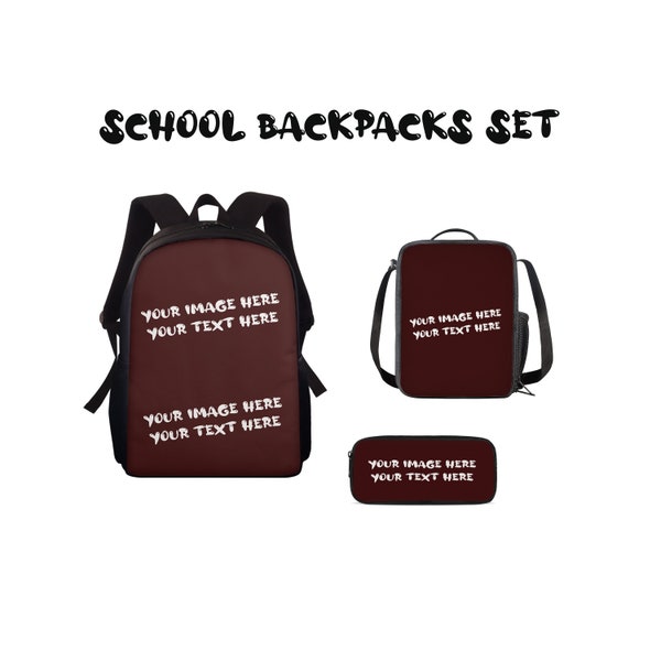 3 in 1 School Backpack Set for Kids in Middle-School Elementary, Personalized Your Image and Text on School bags with Lunch Box, Pencil Box