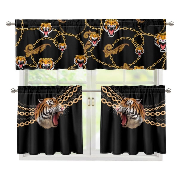 3-Piece Curtains and Valances Set Tiger Soft  Curtain Set, Washable Kitchen Window Curtains Set