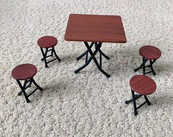 1:12 Dollhouse Mini Furniture Folding Table And Chair Set With 4 Stool Models