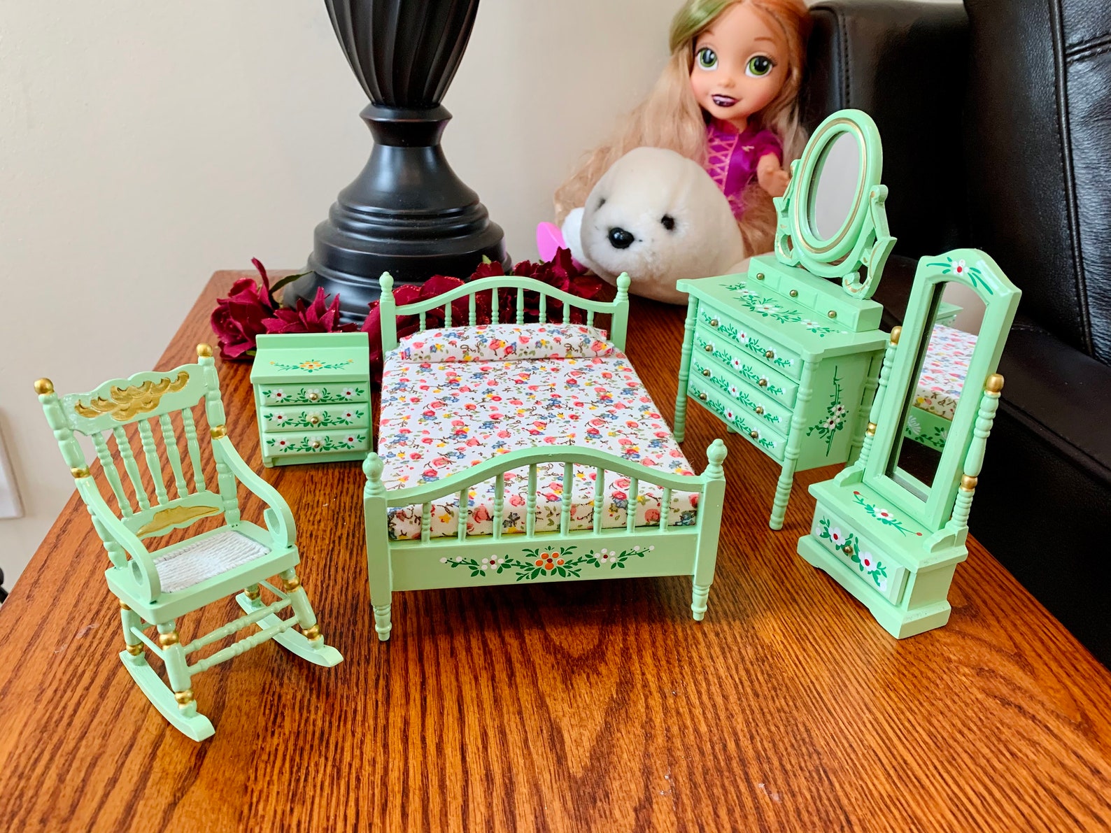 5pcs Dollhouse Miniature Wooden Bedroom Furniture Set Double Etsy France