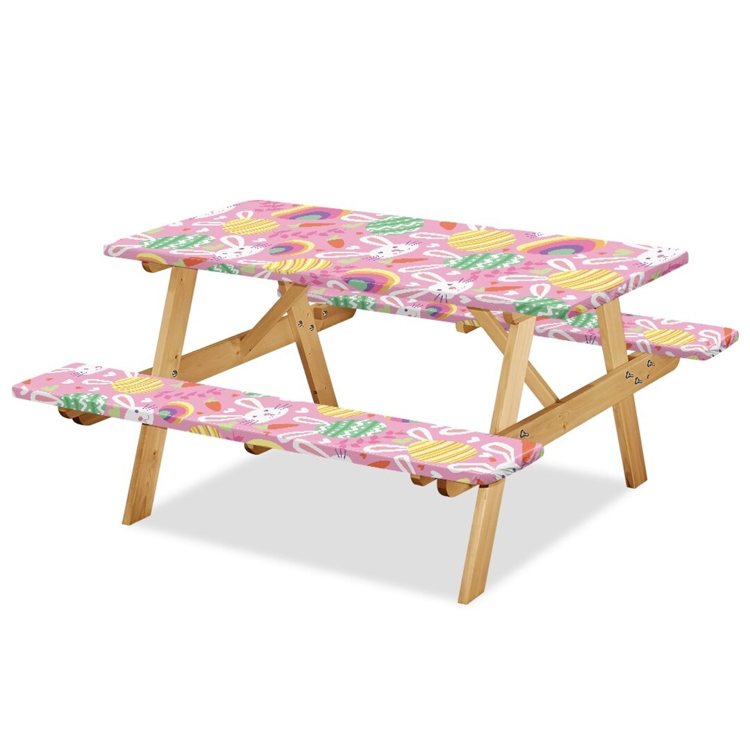 Cute Bunny Pink Picnic Table Cover and Bench Covers Fitted Tablecloth