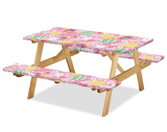 Joli lapin rose housse de table de pique-nique et housses de banc housse de nappe ajustée avec bord élastique étanche à l'eau et à l'huile pour jardin extérieur