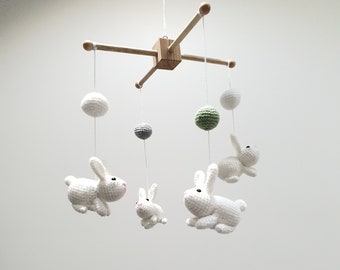 White bunny rabbit baby mobile, crochet with wooden frame, nursery room bunnies, bunny nursery decor, baby room rabbit decor, baby gift