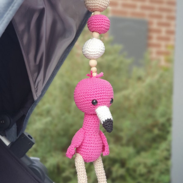 Flamingo stroller Mobile rattle, Hanging Mobile, flamingo nursery, Play gym toy, Car seat toy, Pram toy, crochet pink flamingo soft toy