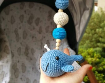 Cute Whale, stroller mobile, Pram whale mobile, whale rattle, hanging mobile car seat toy, pram toy, crochet whale baby gift