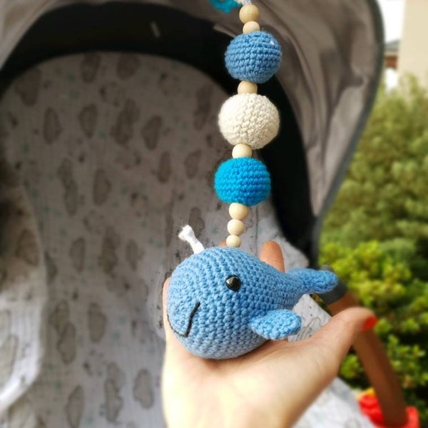 Cute Whale, stroller mobile, Pram whale mobile, whale rattle, hanging mobile car seat toy, pram toy, crochet whale baby gift