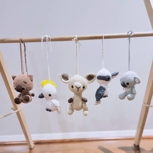 Play Gym Set Australian Animals, crochet handmade rattle toys, Kangaroo,koala,cockatoo, kukaburra, wombat