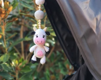 Cute Cow rattle, pram stroller mobil clip on hanging toy rattle. Playgym, nursery decor farm animal crochet handmade