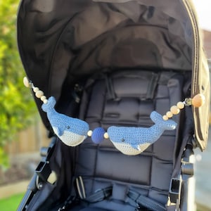 Pram stroller garland rattle, blue whale crochet handmade stroller chain, baby mobile whale toy nursery decor