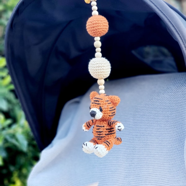 Tiger rattle hanging toy for pram, playgym, stroller mobile clip on baby toy