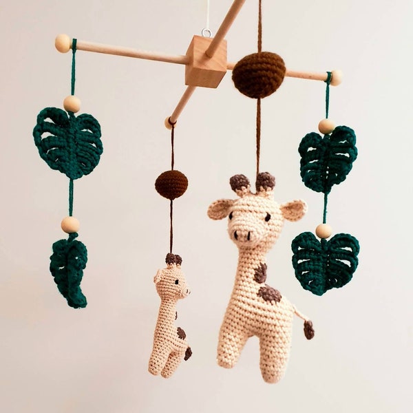 Giraffe, jungle theme wooden baby mobile, neutral pure cotton crochet cot mobile, crib mobile safari baby room, nursery decor