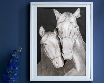 Две лошади в любви оригинальный карандаш рисунок домашнего декора