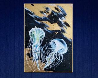 Two jellyfishes  in gold water original oil painting 14x20" oil on cardboard