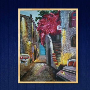 European street cafe Original oil painting Mideterreinian evening art Canvas painting